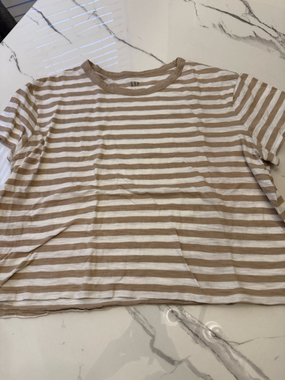 GAP women’s Tan and White Striped Short Sleeve Tee